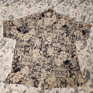 Tommy Bahama Men's Black and Cream Patterned Shirt 100% Silk